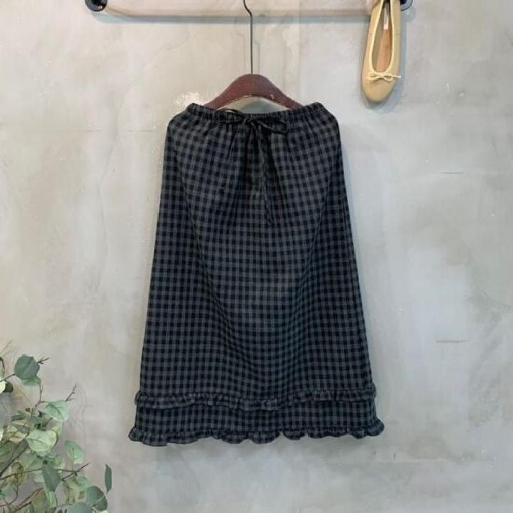 C S In The Room CheCk Frill Slit bandIng Long Skirt 2Color