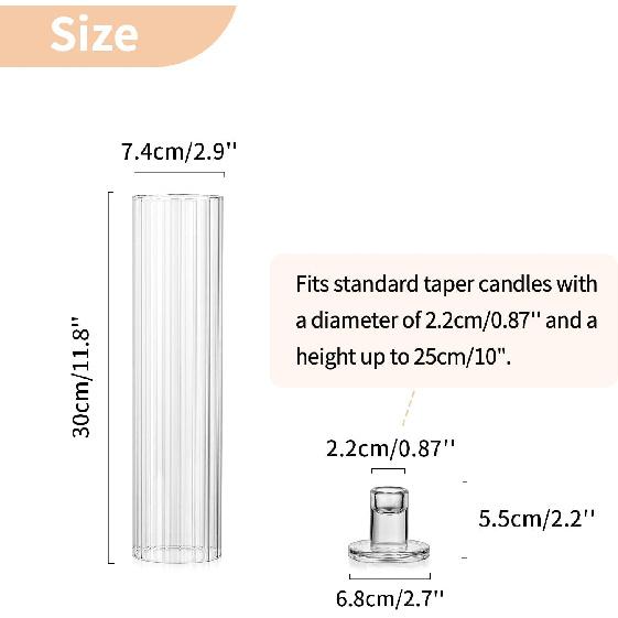 NUPTIO Taper Candle Holders for Centerpiece: Ribbed Hurricane Glass Candlestick Holder - Set of 6 Windproof Fluted Candle Stick Stand for Fall