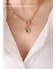 European Retro Style Heart Pendant Necklace with Green Acrylic Inlay, Gold-Plated Titanium Steel Cuban Chain