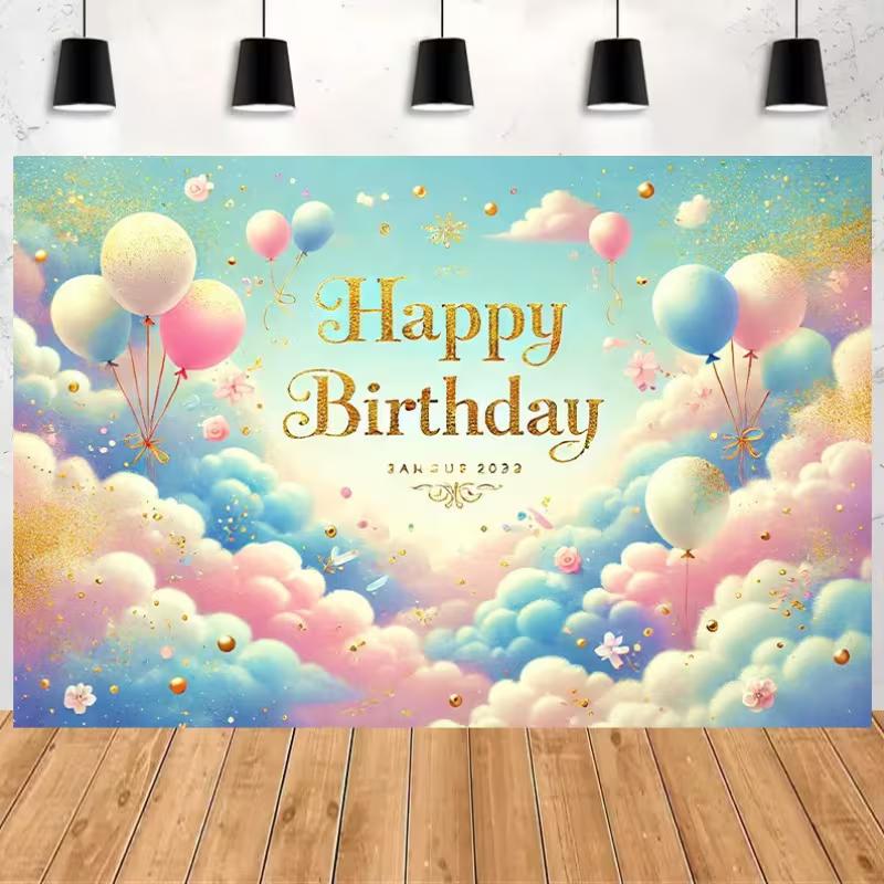 2D Cloud & Balloon Happy Birthday Backdrop for Baby Shower and Birthday Decor