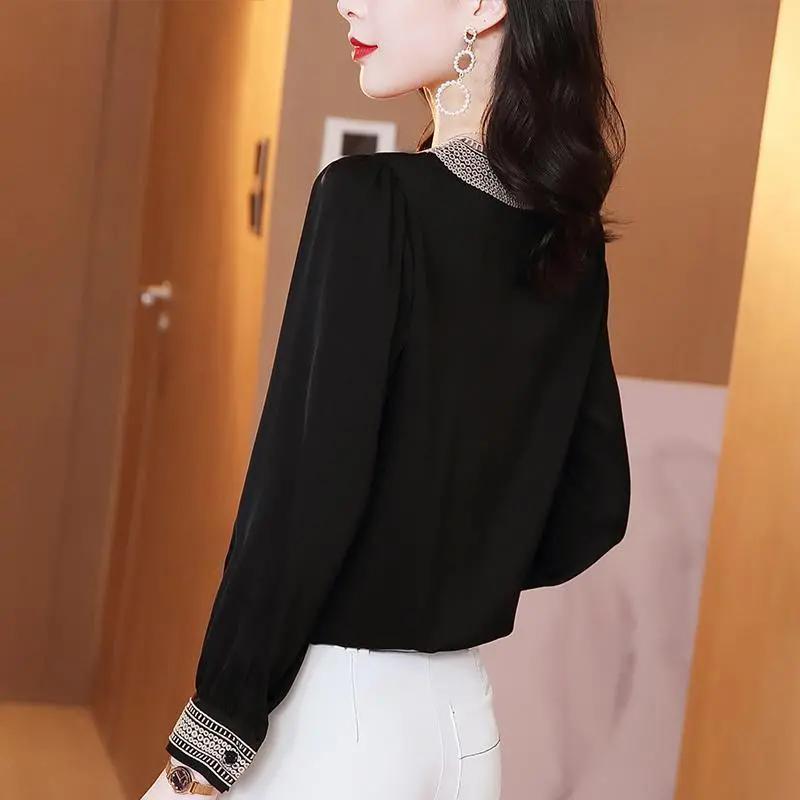WTEMPO Solid Color Spring Autumn Women's V-neck Chiffon Shirts Long Sleeve Elegant Casual Versatile Bottom Tops