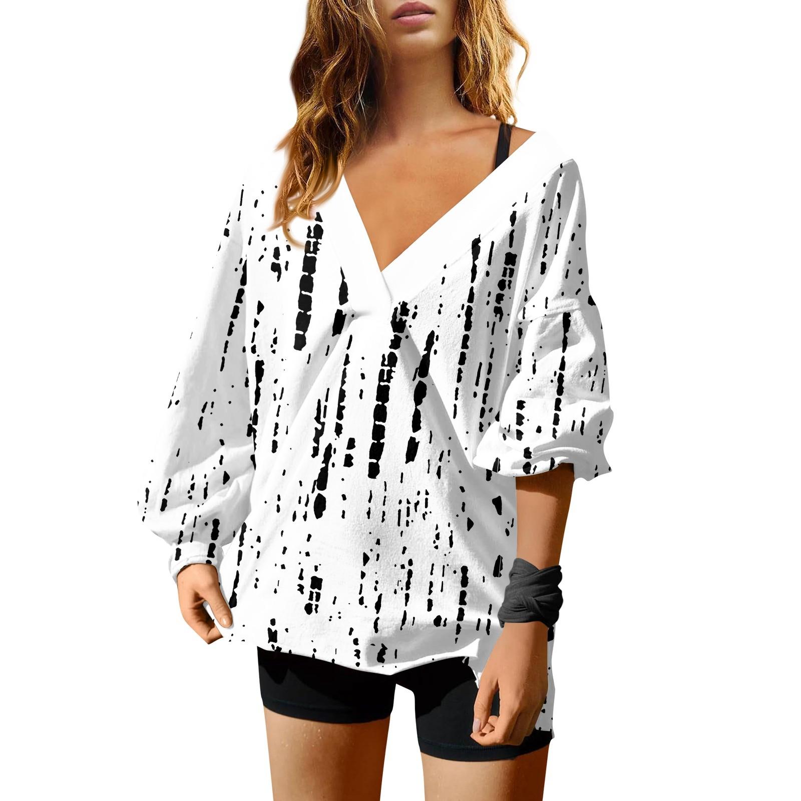 

Женская мода V-образный вырез длинный рукав принтованный свободный пуловер свитшот топ L белый