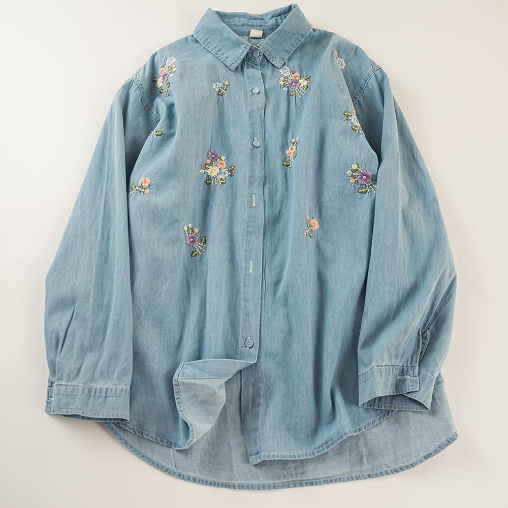 Camicia a maniche lunghe in denim lavato ricamato, cardigan monopetto in denim per donna, primavera e autunno