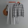 A Two-piece Set of Fashionable Polo Collar Striped Knitted Single-breasted Sweater and Casual Wide-leg Pants for Women