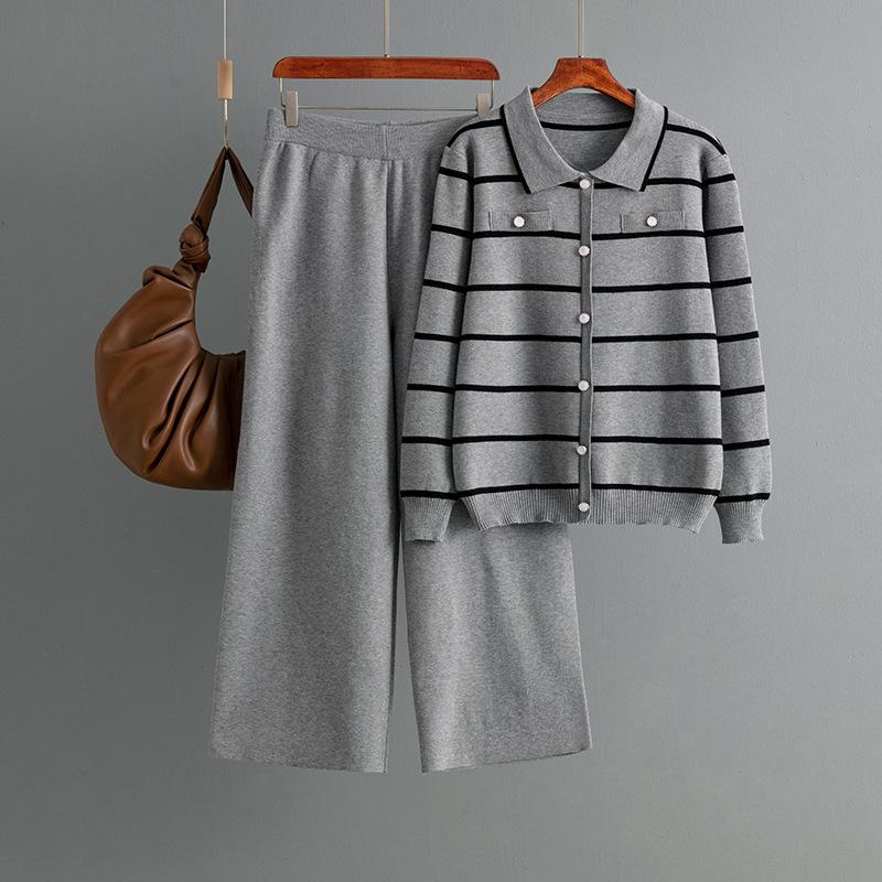 A Two-piece Set of Fashionable Polo Collar Striped Knitted Single-breasted Sweater and Casual Wide-leg Pants for Women