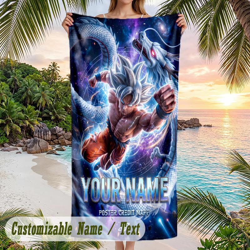 Dragon Ball Beach Towel, Personalized Custom Name Text, Quick Dry Large Absorbent Towel For Beach Pool