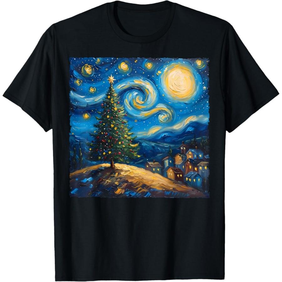 Van Gogh Style The Starry Night Christmas Tree Village Art T-Shirt XXXXXL