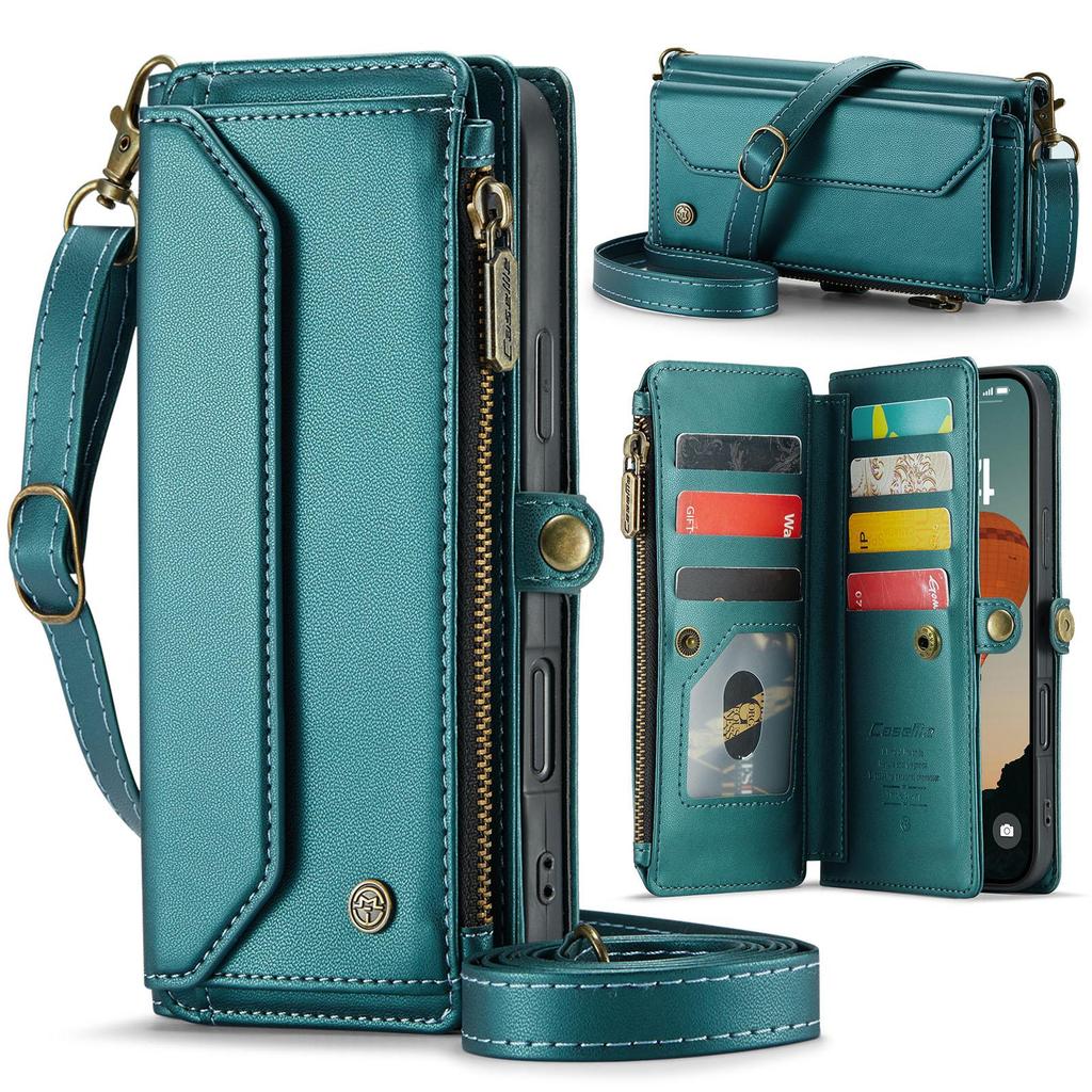 CaseMe (C36) Crossbody Wallet Case For iPhone 13 14 15 16 Pro Max Zipper Wrise Multi-functional Flip PU Leather Card Slots Holder Cover Protector