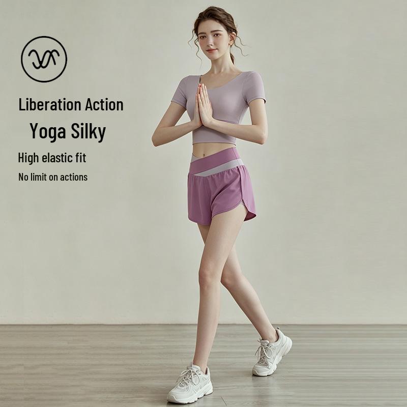 Premium Women's Color Block Sportswear Set - Short Sleeve Top & High-Waist Shorts, Yoga & Pilates Two-Piece Outfit