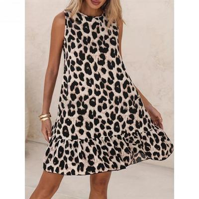 Damenmode Sommer Frühling Leopardenmuster Ärmellos O-Ausschnitt Lockere Taille Lässige Kleider