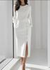 Solid Color Long Sleeve Round Neck Waist Cinched Button Decorated Slit Mid Length Women Dress