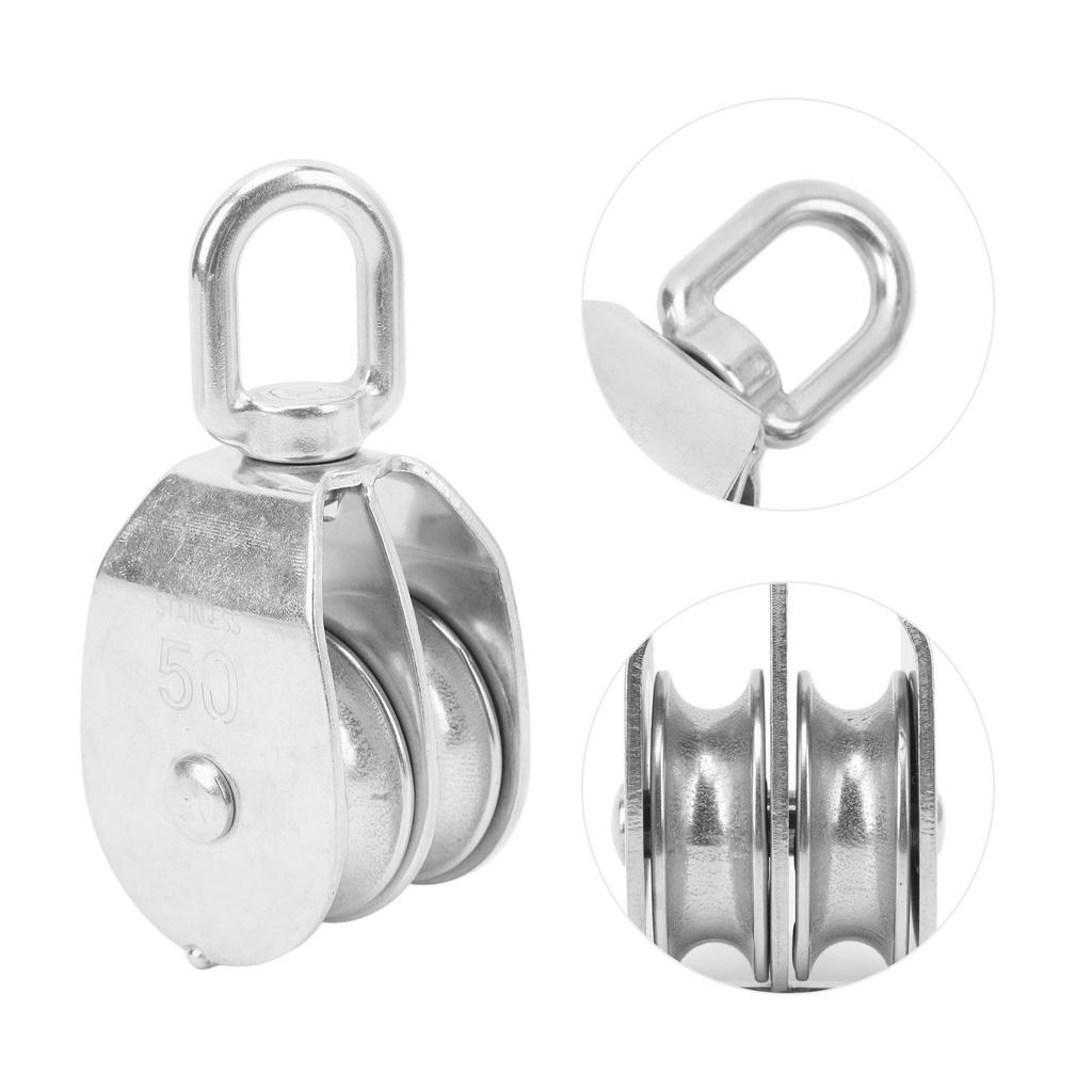 2Pcs Lifting Double Pulley Block Heavy Duty Stainless Steel Roller M50 Wire Rope Crane Hanging 400KG Loading