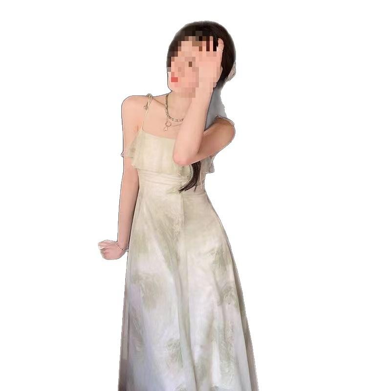 Koreanische Version des neuen Sommer-Träger-Langkleids Fee Lotusblatt-Kantenprint ärmellos Temperament-Kleid