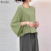 Women Casual Round Neck Solid Color 3/4 Sleeve Loose Blouse