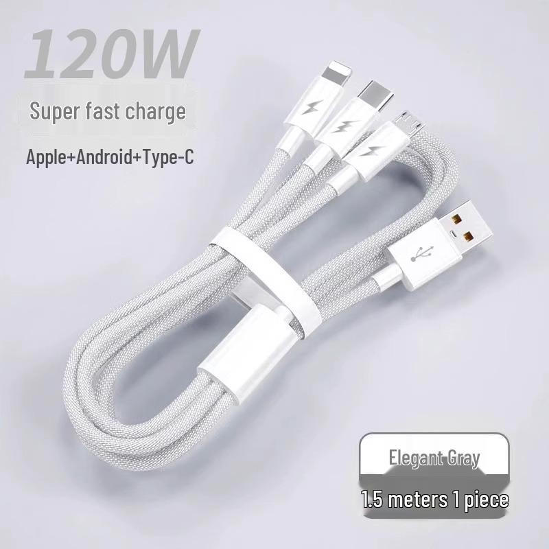 Multi-Head 3-in-1 Fast Charging Cable: 120W for Home, 66W for Car, Compatible with Apple Devices.