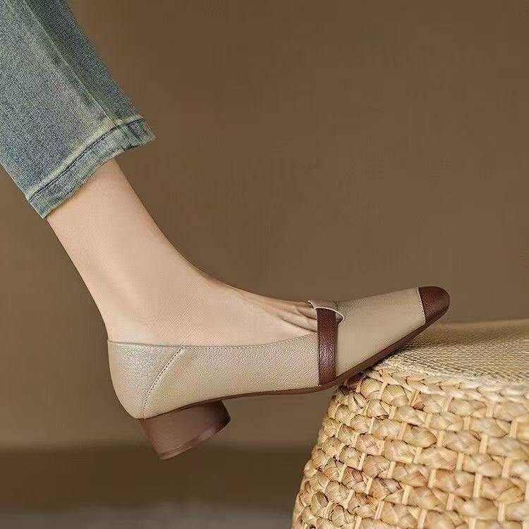 Square head soft sole thick heel leather shoes medium heel soft leather retro spring new soft leather light mouth single shoes