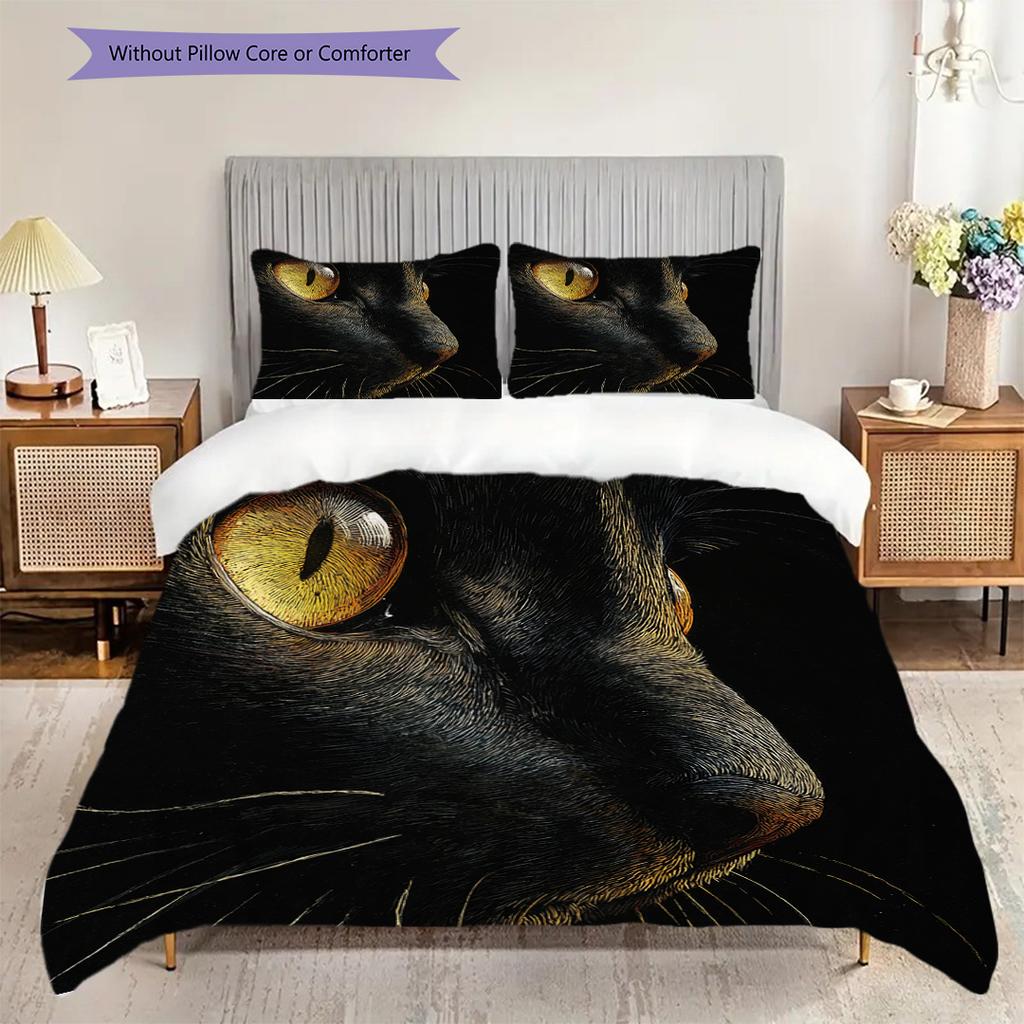 Black Cat Pattern Bedding Quilt Set Quilt Cover Pillowcase Home Decoration Birthday Gift (1 * Duvet Cover + 2 * Pillowcase, Without Core)