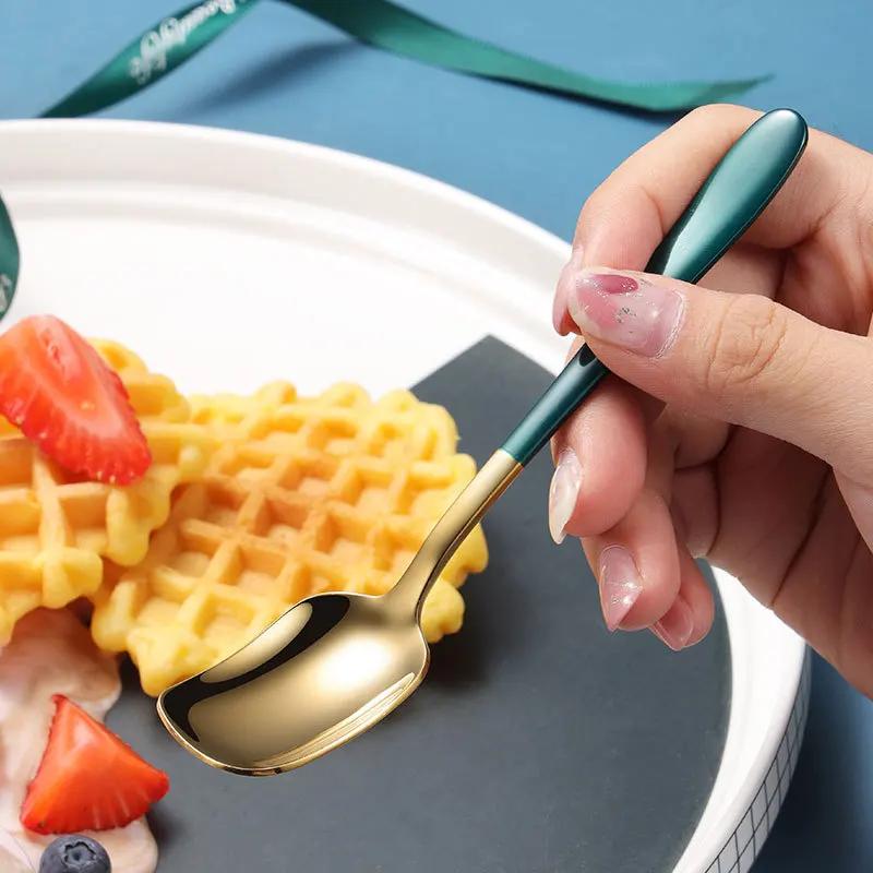 Stainless Steel Spoon Ice Cream Spoon Children's Titanium-plated Spray Paint Dessert Spoon Honey Stick  Kitchen Accessories