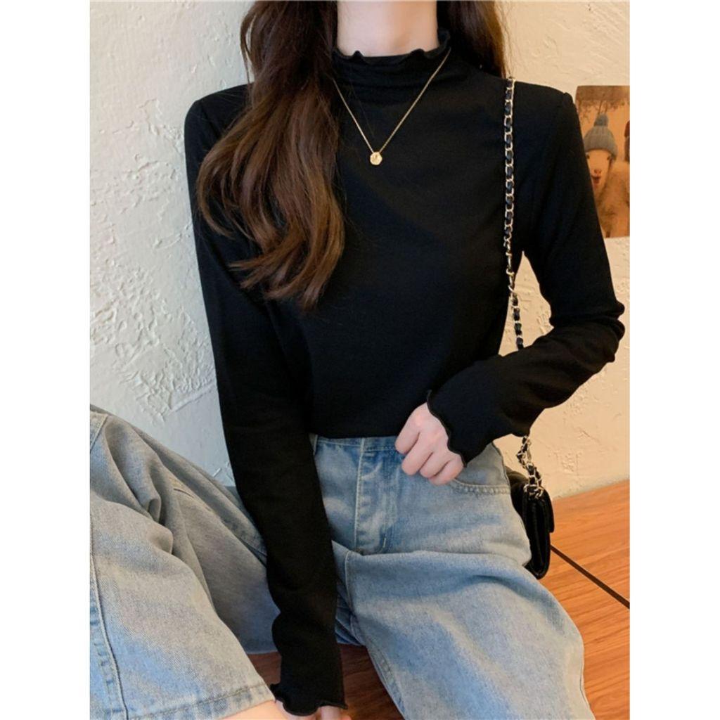 Spring Autumn Winter Knitwear T Shirt For Women With Wood Ears Trim And Half High Neck In Soft Fabric