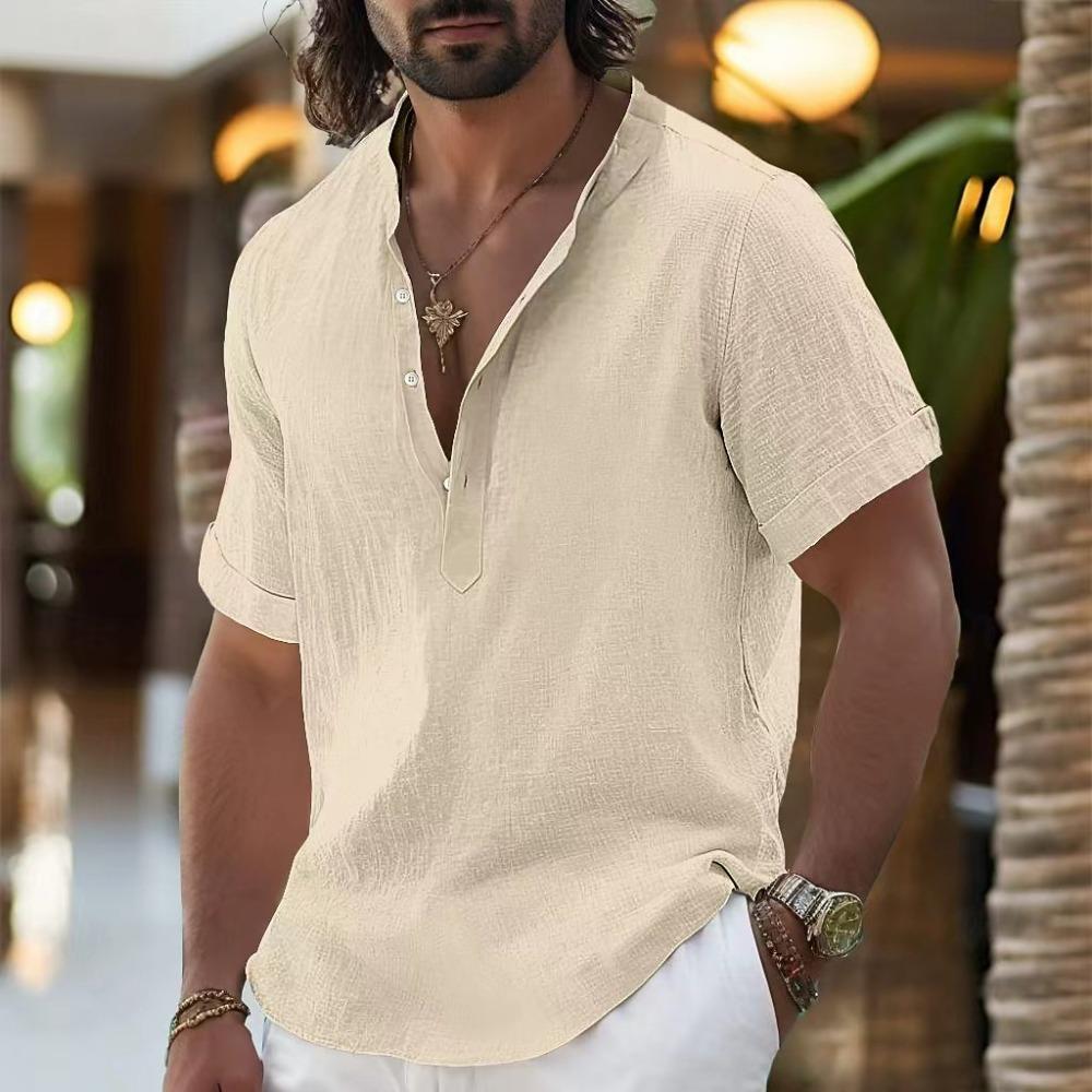 Men's Linen Shirts Short Sleeve Button Up Neck Stand Collar Casual Summer Home Daily Shirts
