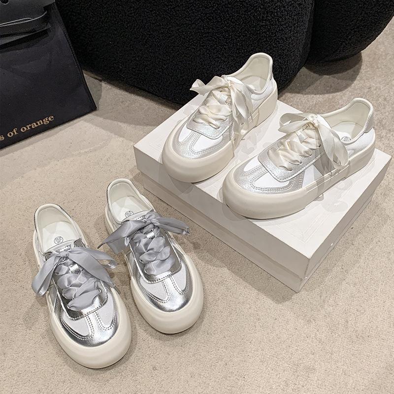 Little White Shoes Women's Autumn 2025 New Thin Breathable Moral Training Shoes Heightened Thick-soled Splicing Satin Casual Board Shoes