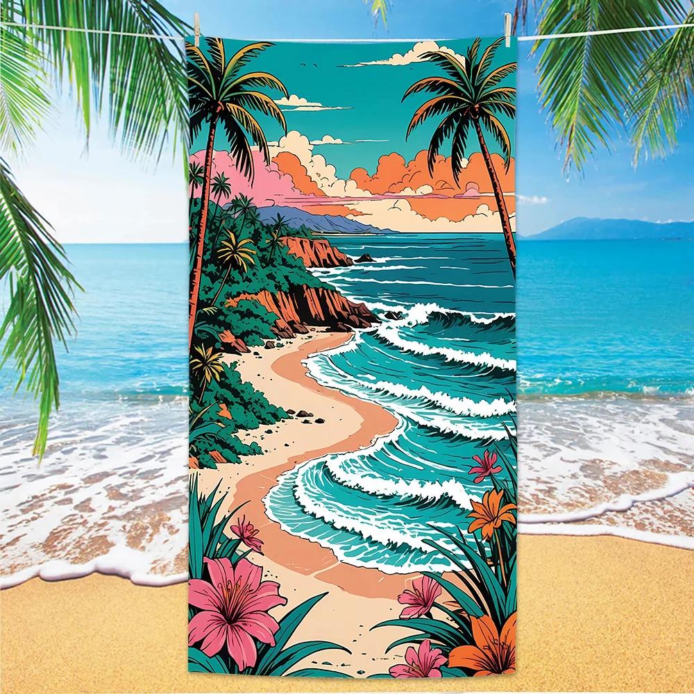 Coconut Tree Print Beach Towel, Digital Printing Thin Quick-Dry Anti-Sand Microfiber Lightweight for Swim Yoga Travel Gym Gift