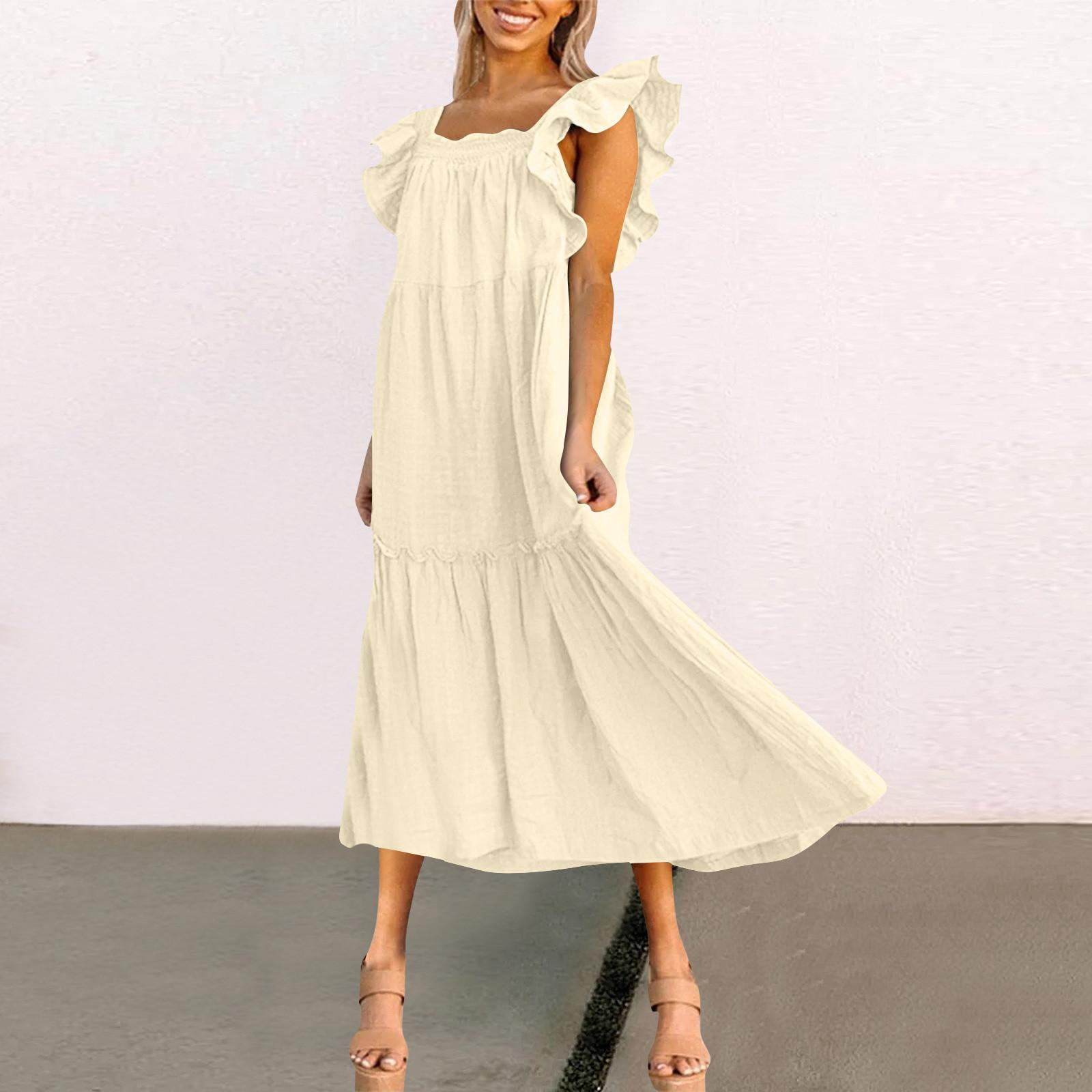 

Женское весенне-летнее платье с квадратным вырезом и открытыми плечами, элегантное платье с юбкой с рюшами L бежевый