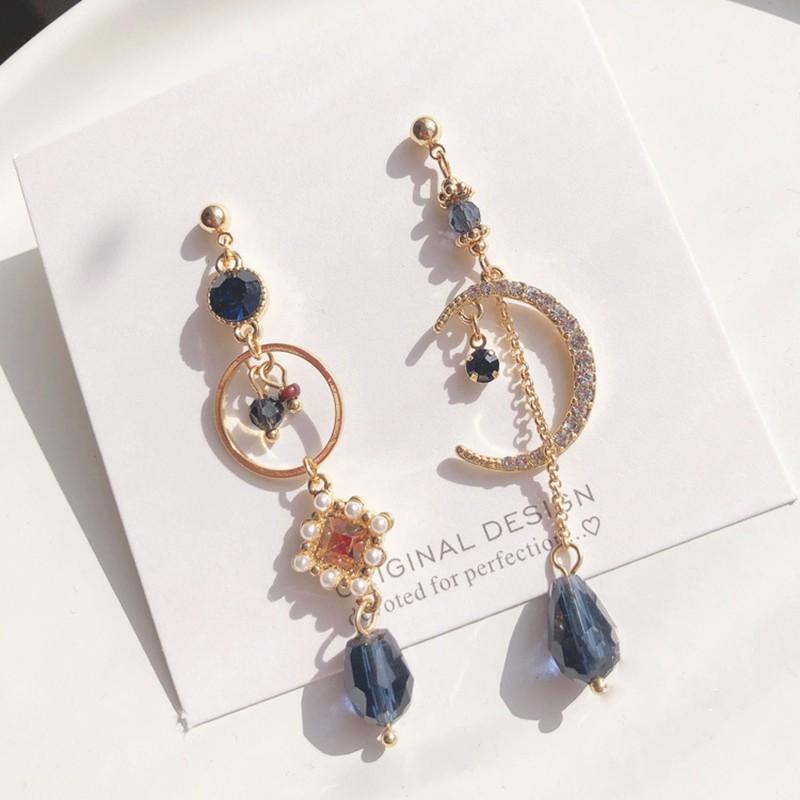 Sweet Shiny Crystal Geometric Circular Drop Earrings Long Asymmetric Fine Moon Modelling Fashion Women Earrings