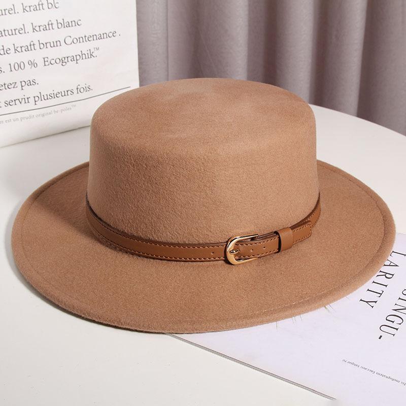 French Celebrity Flat Top Woolen Top Hat Women's Autumn and Winter Retro Versatile Flat Edge Hat British Hepburn Style Jazz Hat