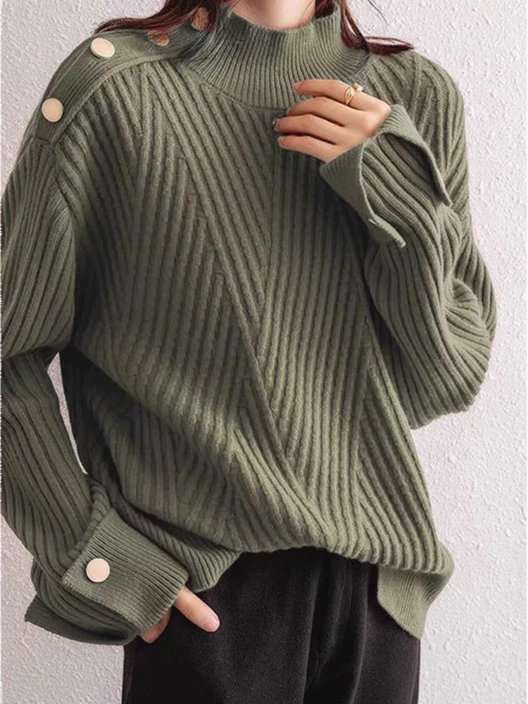 Tejido de punto acanalado estilo europeo de talla grande con cuello semi-alto: Suéter Suave de Otoño/Invierno para Mujer