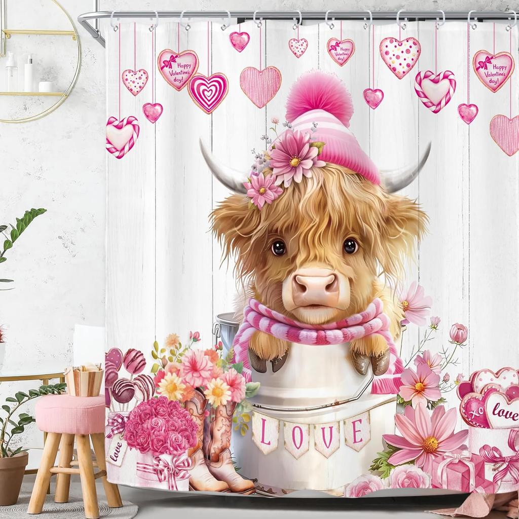 Funny Farmhouse Highland Cow Shower Curtain Love Heart Flowers Plants Cute Cattle Rustic Farm Animals Bathroom Decor with Hooks