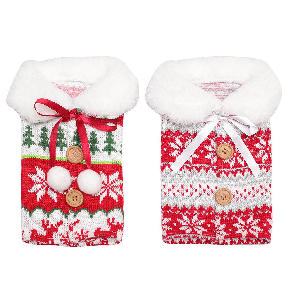 Nordic Knit Reindeer & Snowflake Wine Bottle Cover with Pom Pom - Christmas Decoration