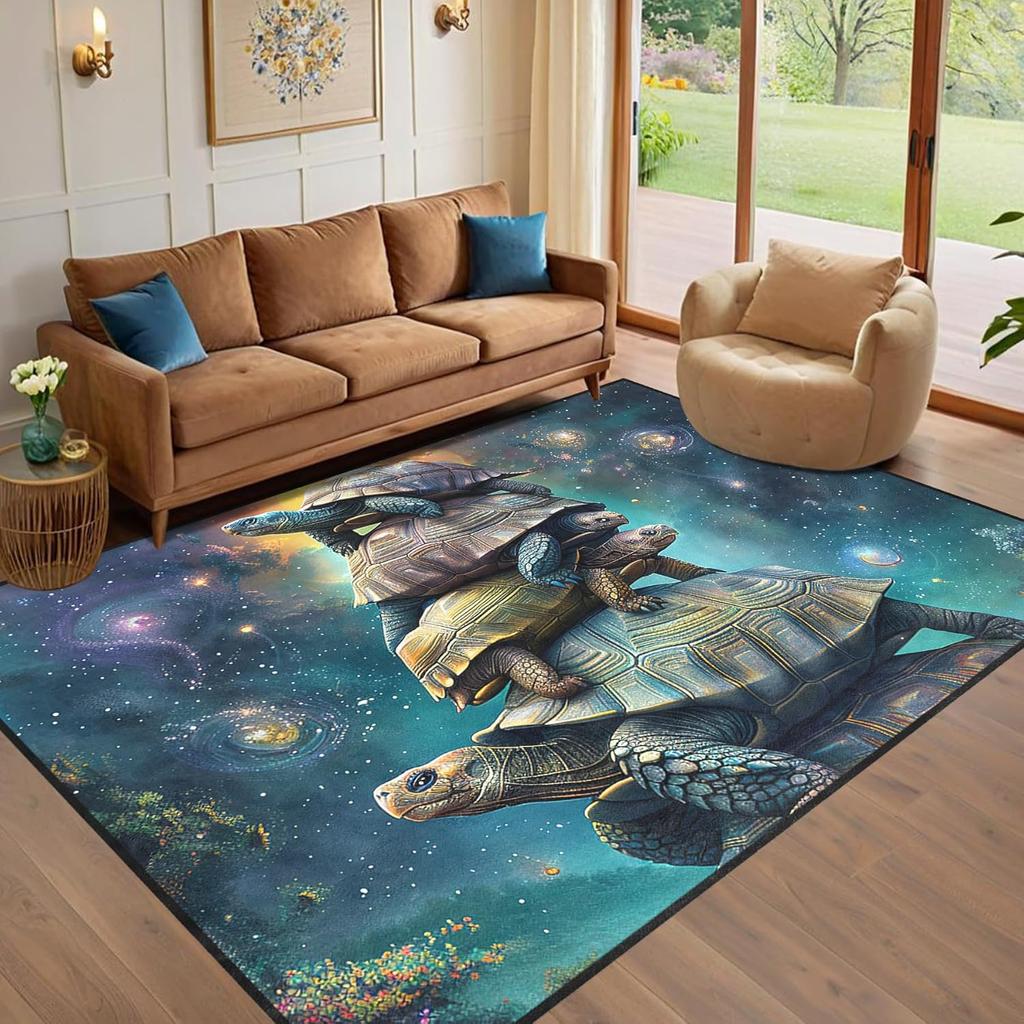 Funny Sea Turtle Rug for Kids Room, Galaxy Ocean Theme Carpet, Cartoon Playroom Floor Mat, Non-Slip Bedroom Rug