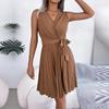 Abito Estivo da Donna Elegante a Vita Alta con Scollo a V Incrociato, Monocolore, Senza Maniche, Allacciatura, Moda, Temperamento, Primavera