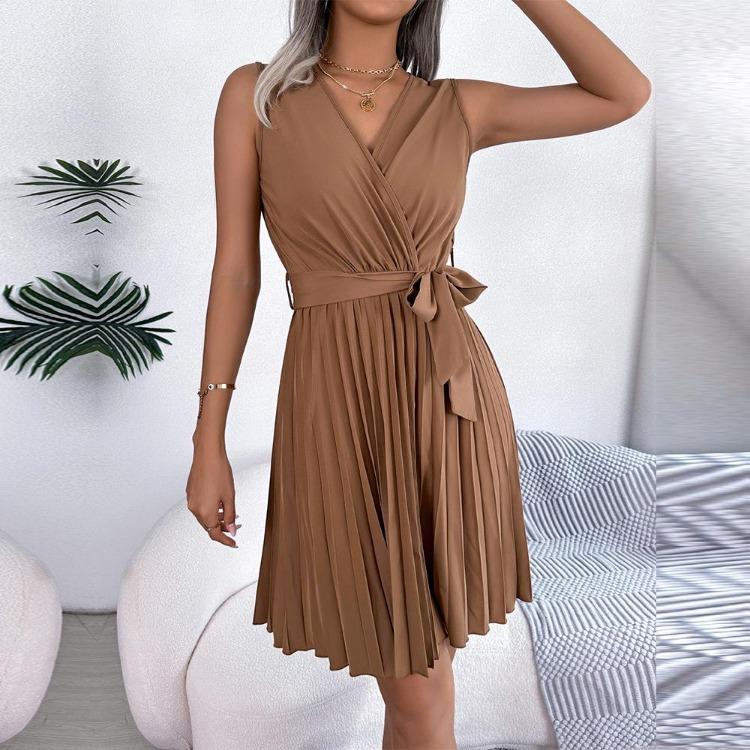 Abito Estivo da Donna Elegante a Vita Alta con Scollo a V Incrociato, Monocolore, Senza Maniche, Allacciatura, Moda, Temperamento, Primavera
