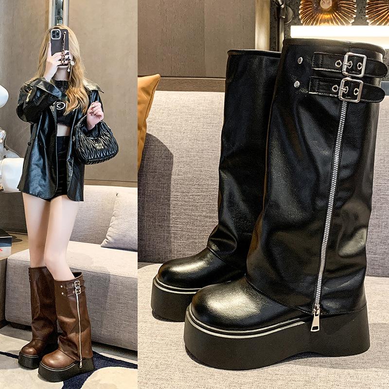 Fashion Soft Leather Ankle Mid Calf Boots Winter Autumn High Platform Wedge British Booties Woman New Ladies Chunky Motorcycle Boots 9CM