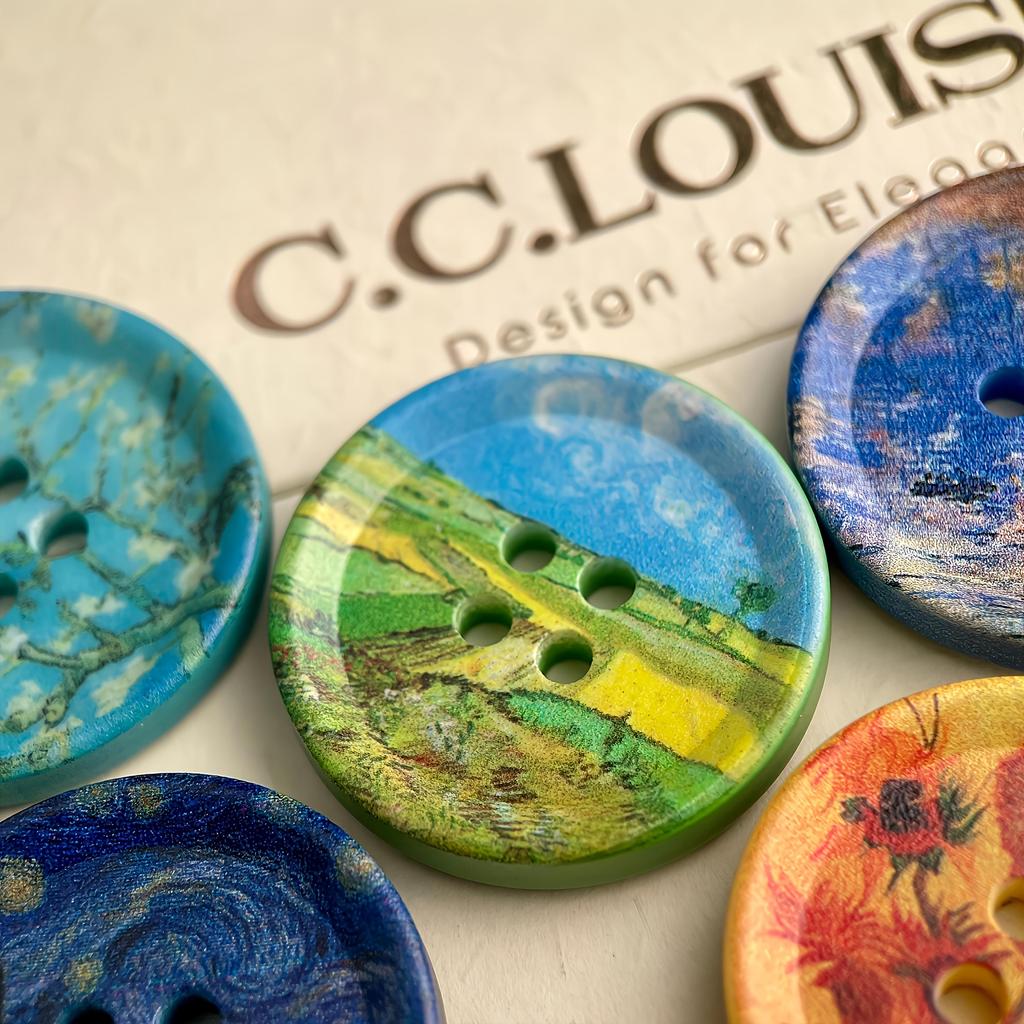 Conjunto de 5 peças Botões Decorativos Grandes de 30mm, Apresentando Pinturas a Óleo de Van Gogh e Monet, Um de Cada Tipo, Usados para Roupas Cachecóis, Bolsas