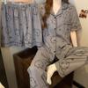 Self-Deprecating Bear Premium Gray Pajamas Women'S Summer Short-Sleeved Trousers Three-Piece Cartoon Loungewear