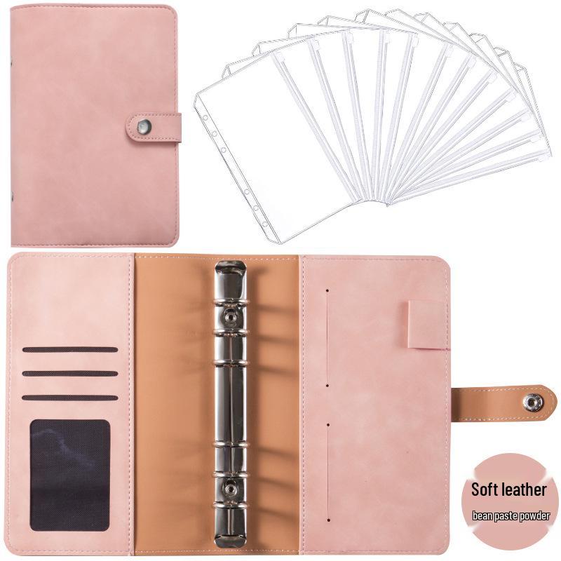 A6 Macaroon Leather Notebook Binder with 12 Refillable Zipper Pockets for Bills and Coins