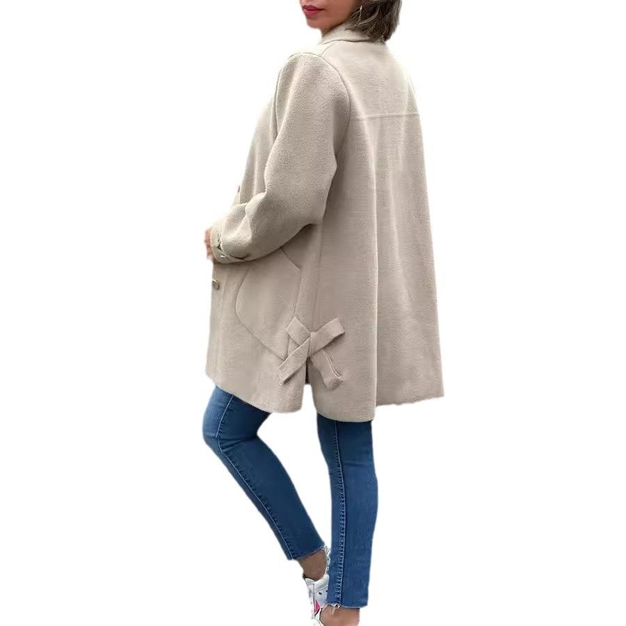 New Autumn Winter Women's Lapel Collar Solid Color Casual Bowknot Woolen Coat