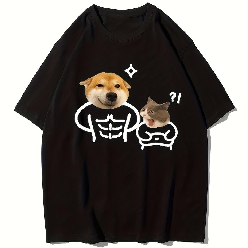 Funny Buff Dog Shocked Cat Meme Print T Shirt Unisex Short Sleeve Soft Cotton Internet Viral Humor Daily Casual Streetwear Tee Tops