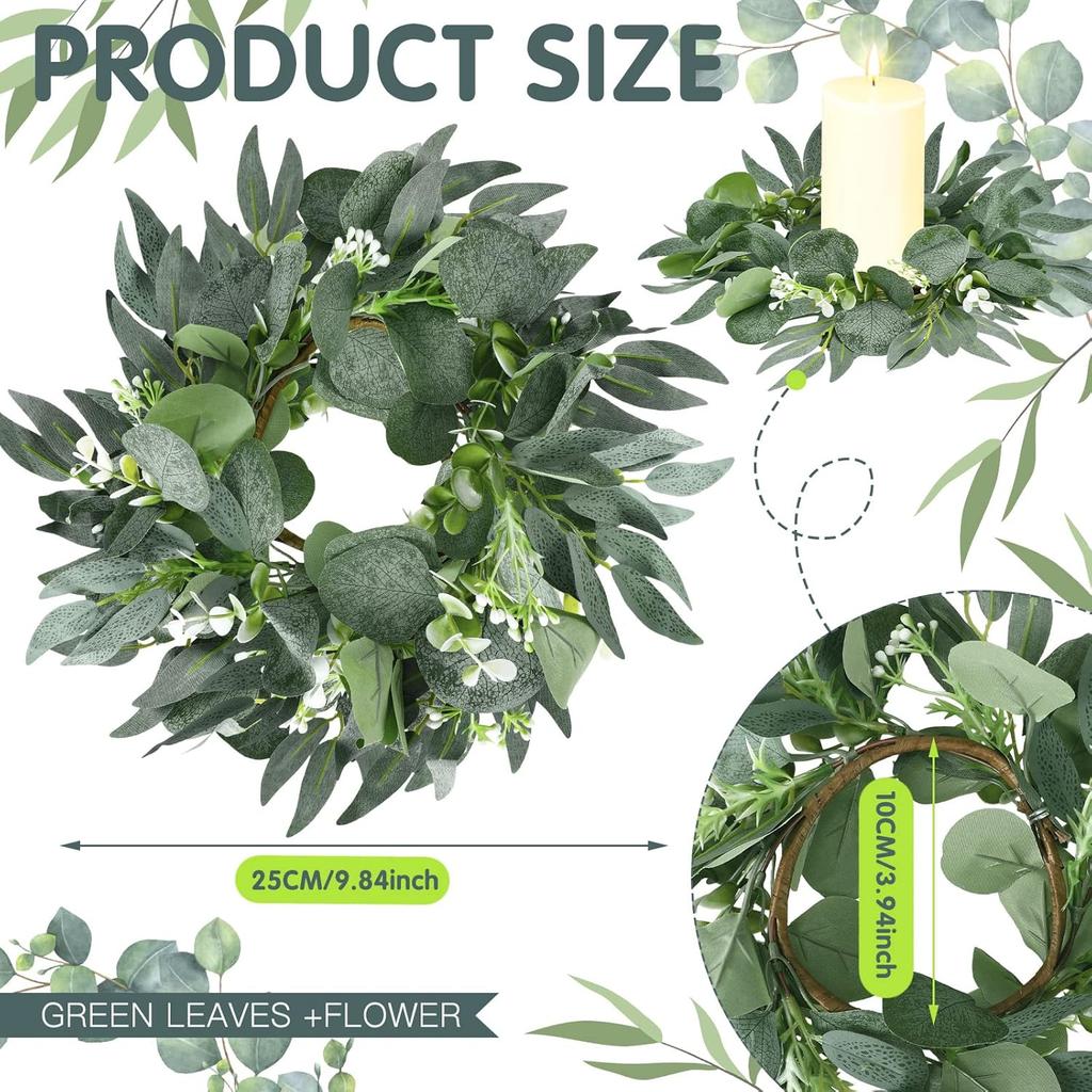 Thinkday 4 Pcs Eucalyptus Candle Ring Small 4 Inch Center Mini Artificial Wreaths Green Floral Leaves Pillar Holder Centerpieces for Wedding Door