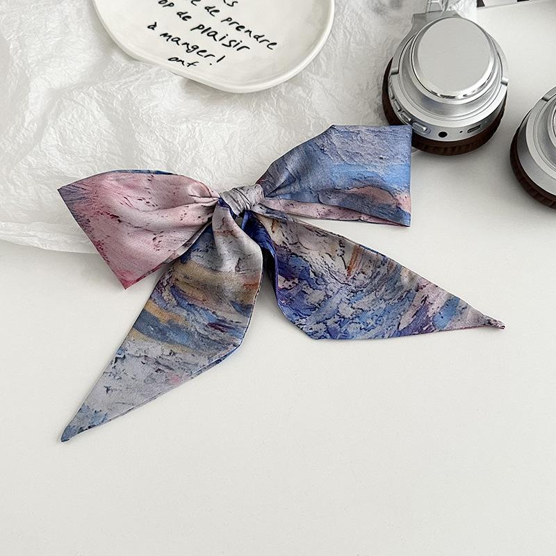 Blue silk scarf, long strip, new fashion, oil painting style, bow, headband, braided hair, tied bag, streamer, multi-purpose waist silk scarf.