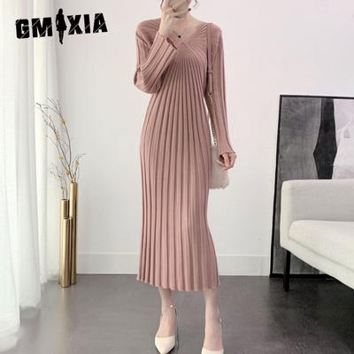 Lockeres Strickkleid in großen Größen Herbst und Winter Damen Knielanges Temperament Pulloverkleid mit V-Ausschnitt