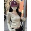 Spice girl collar slim-fitting long-sleeved T-shirt women's spring front shoulder thin inner short top simple bottoming shirt