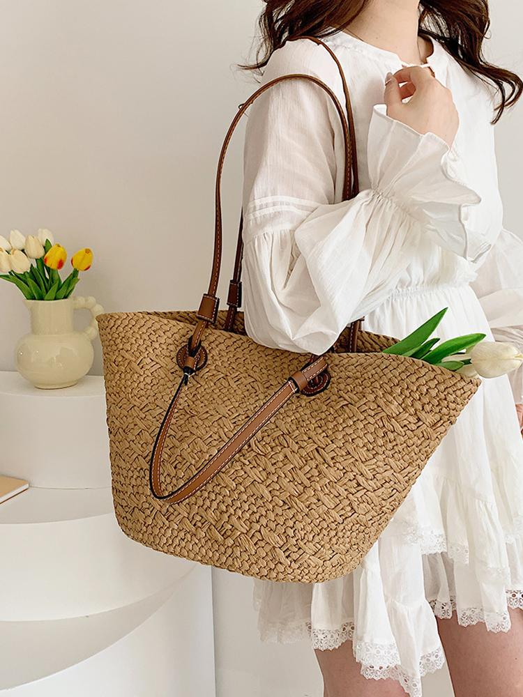 Bolsa de Palha Tecida Feminina Bolsas de Praia de Verão Grande Capacidade Bolsa Trançada da Moda Bolsa de Tecelagem Estilosa Bolsas Tote Clutch para Festa Férias