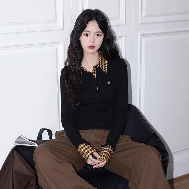 Design Sense Women's Plaid Patchwork Long Sleeve Collared Slim-Fit T-Shirt for Autumn