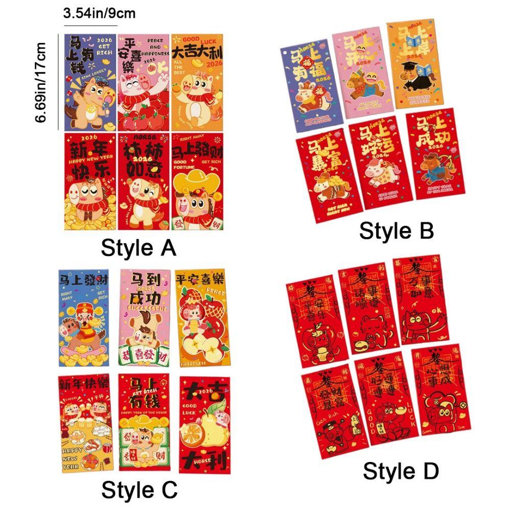 6Pcs Cartoon 2026 Horse Year Red Envelope Paper Lucky Money Bag Marriage Event
