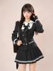 Women's Double-Breasted Black Striped Jacket & Pleated Skirt Set - Japanese Academy Style, Autumn/Winter Collection