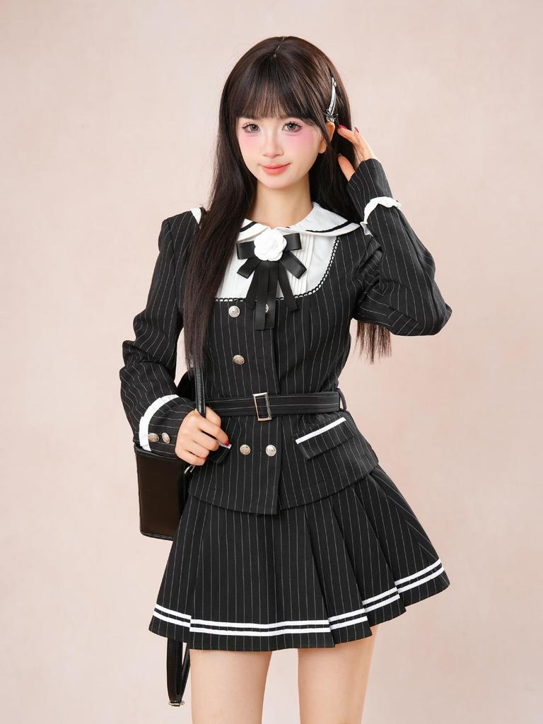 Women's Double-Breasted Black Striped Jacket & Pleated Skirt Set - Japanese Academy Style, Autumn/Winter Collection